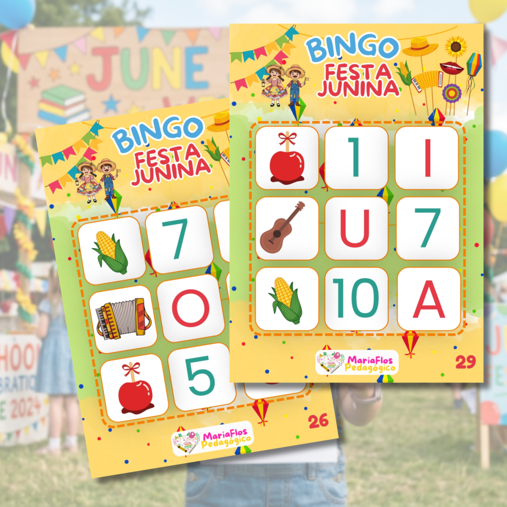 bingo festa junina educação infantil – 30 cartelas para imprimir pdf com vogais, números até 10 e figuras juninas