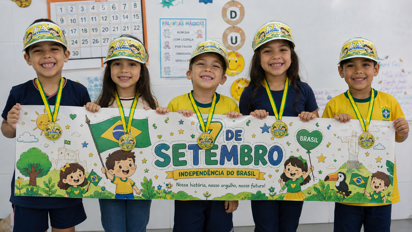 kit desfile 7 de setembro para imprimir Kit Desfile 7 de Setembro para Imprimir – Viseira, Medalha, Faixa e Painel para Foto